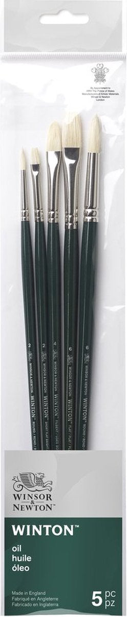 Winsor Newton 5990611 Winton oliebørstesæt – 5 lange børster til oliemaling (runde, flade filbertbørster - runde 2, runde 6, korte, flade, blanke 2, flade 6 og filbert 4)
