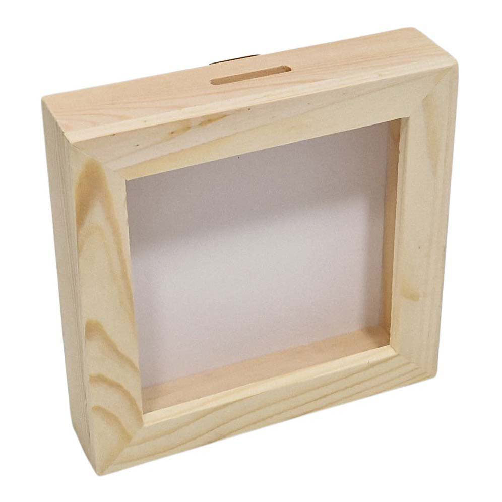 Playwood træ sparegris plexiglas med hvid bagside lille