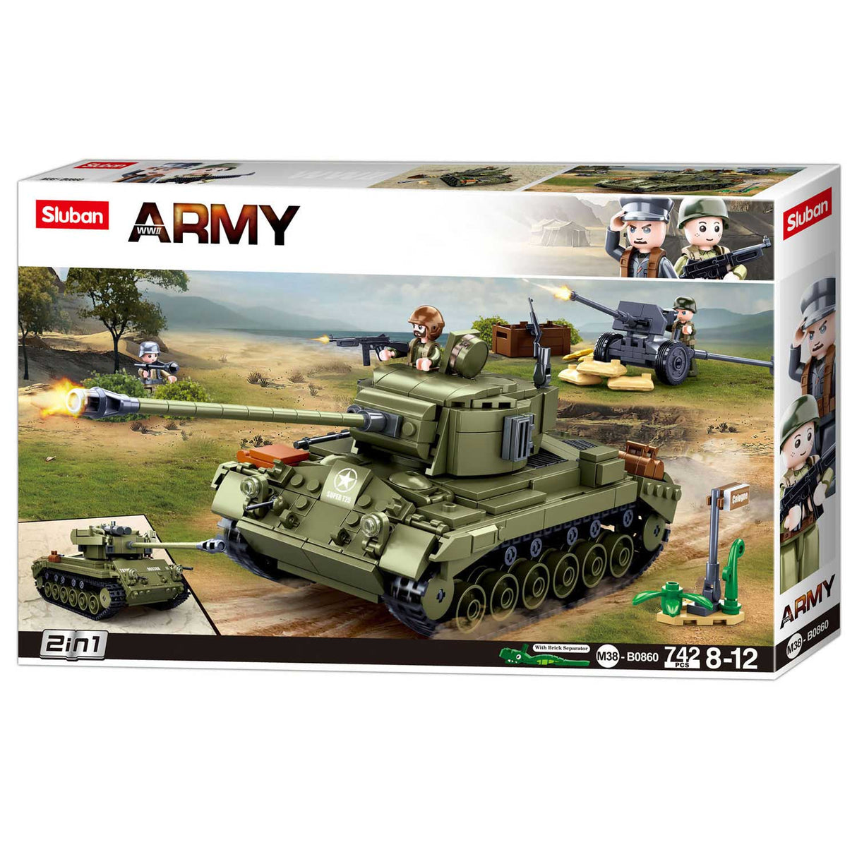 Sluban army WWII m26 pershing tankbygningslegetøj – byggelegetøjsmodelbygning – byggekasse med 742 byggeklodser – m38-b0860 fra 8 år