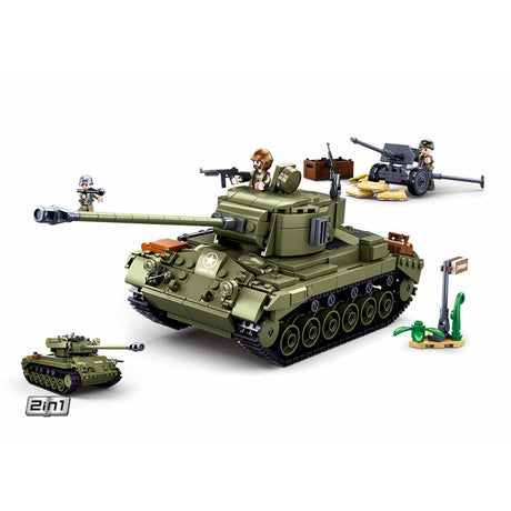 Sluban army WWII m26 pershing tankbygningslegetøj – byggelegetøjsmodelbygning – byggekasse med 742 byggeklodser – m38-b0860 fra 8 år