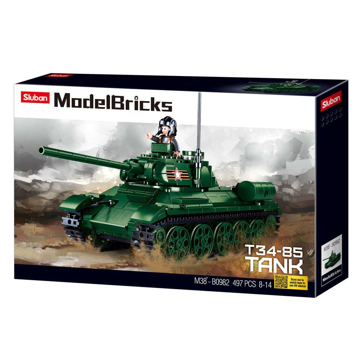 Sluban WWII T-34-85 tankbyggelegetøj til børn fra 8 år - byggelegetøjsmodelbygning - byggekasse med 497 byggeklodser - m38-b0982