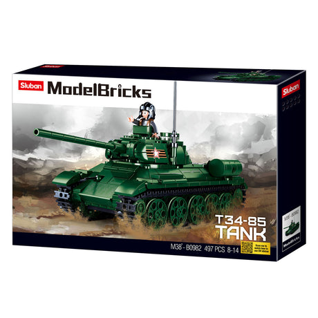 Sluban WWII T-34-85 tankbyggelegetøj til børn fra 8 år - byggelegetøjsmodelbygning - byggekasse med 497 byggeklodser - m38-b0982