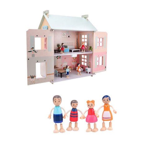 Joueco houten poppenhuis - incl. 15 meubels en 4 poppen