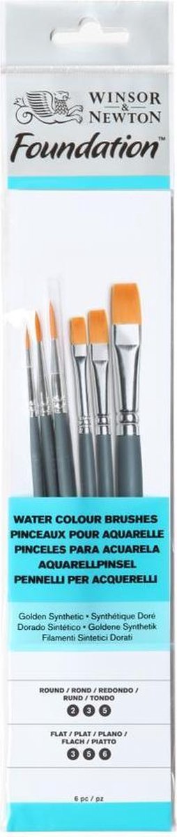 Winsor Newton 5295015 Foundation Watercolor Penselsæt – Kort skaft – 6 stykker – Runde flade børster til akvarel, Gouache Akryl