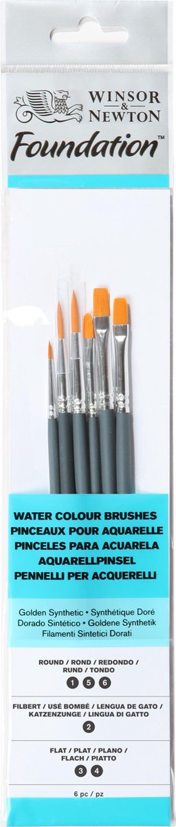 Winsor Newton 5295016 Foundation børstesæt – kort skaft – 6 stykker – runde, flade filbertbørster til akvarel, gouache akryl