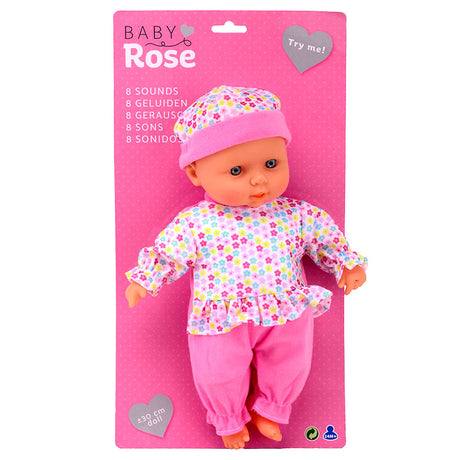 Babyrosa babydukke med lyde, 30 cm.