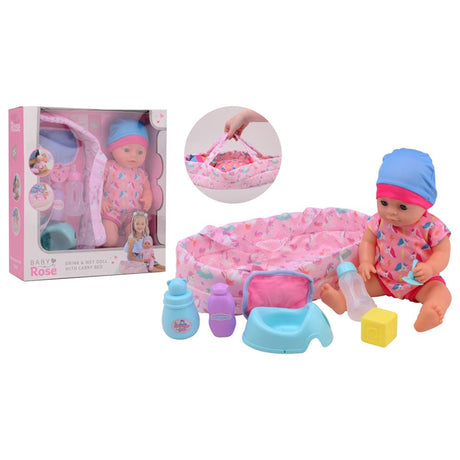 Johntoy john toy baby rose drikke- og tissedukke 35 cm med tilbehør, 2 assorterede