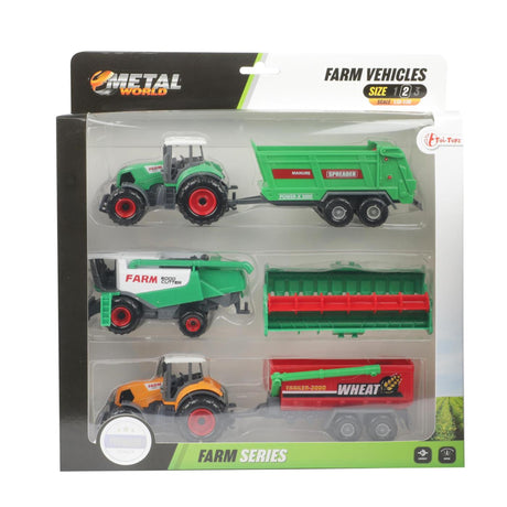 Toi-legetøj metal landbrugssæt 6-delt traktor + trailer 4 assorteret