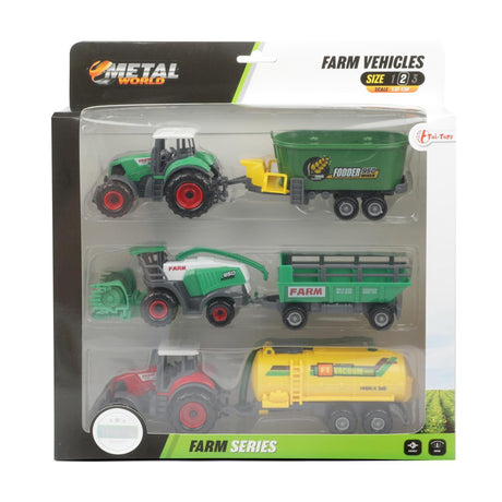 Toi-legetøj metal landbrugssæt 6-delt traktor + trailer 4 assorteret