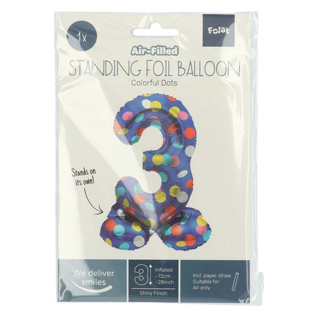 Folat bv stående folieballon farverige prikker nummer 3 - 72cm