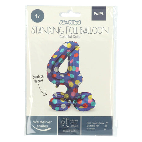 Folat bv stående folieballon farverige prikker nummer 4 - 72cm