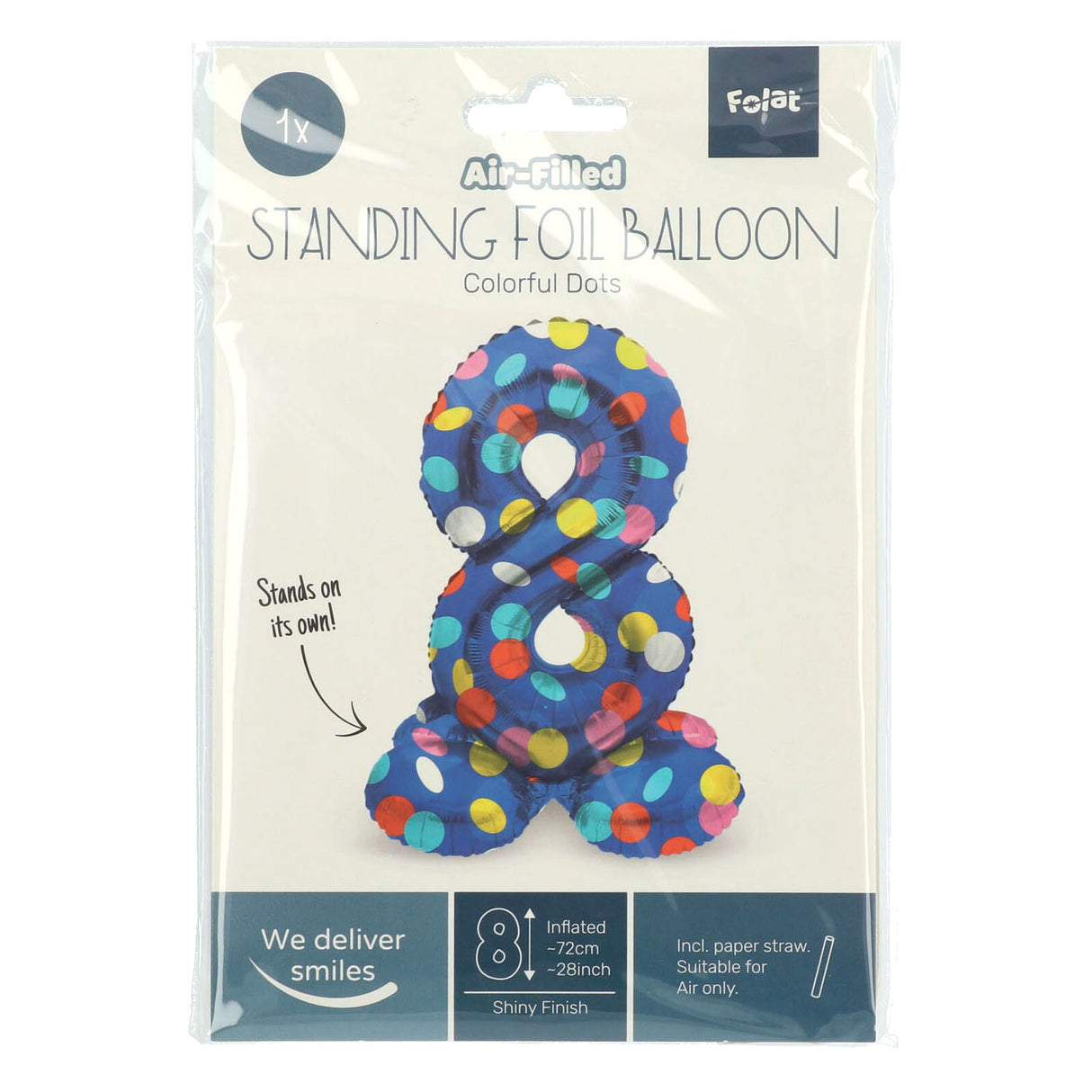 Folat bv stående folieballon farverige prikker nummer 8 - 72cm