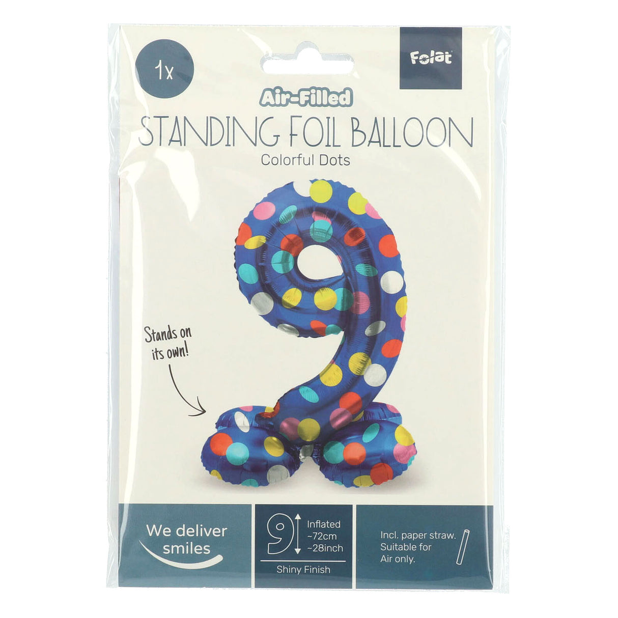 Folat bv stående folieballon farverige prikker nummer 9 - 72cm