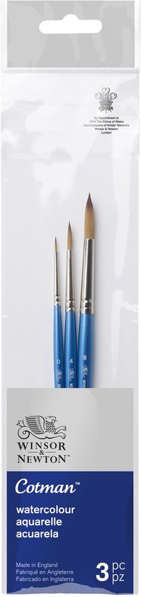 Winsor Newton 5390607 Cotman akvarelbørstesæt 2 – 3 syntetiske runde børster, kort skaft (0, 4, 8)