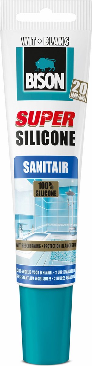 Bison super silikone sanitær hvid tube 150 ml, vandafvisende silikoneforsegling, langvarig farvebeskyttelse, ufølsom over for skimmelsvamp, nem at behandle