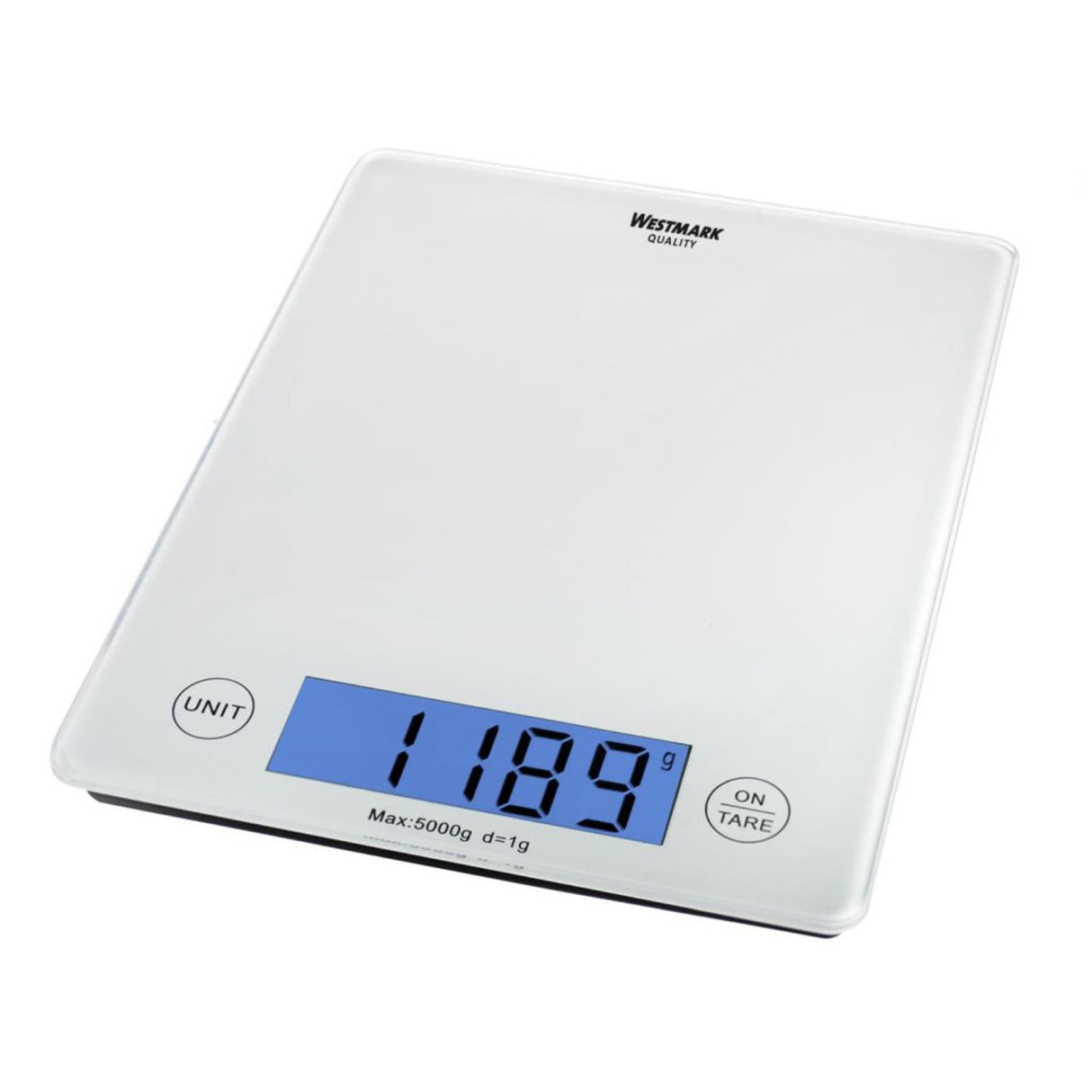 Westmark digital køkkenvægt med tarafunktion, vejeområde op til 5 kg, glasvejeflade, 23 x 18 x 1,8, matteret glas, elegance, hvid transparent, 30332260