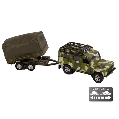 Kids globe land rover med trailer militær trykstøbt pb 27cm