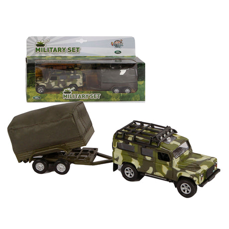 Kids globe land rover med trailer militær trykstøbt pb 27cm