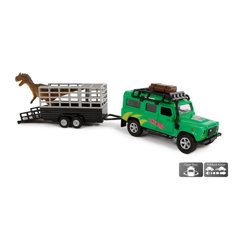 Børne globus trykstøbt landrover med dino trailer, 29 cm