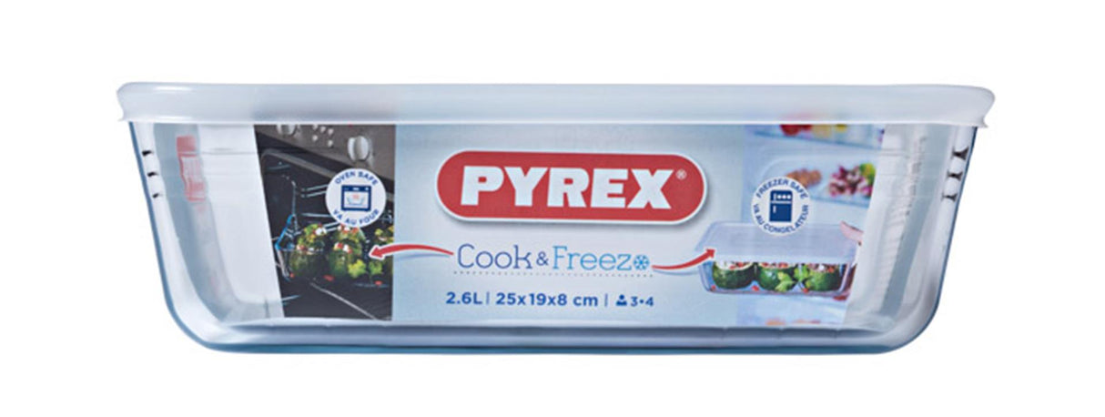 Pyrex madlavningsopbevaring alt i ét - med låg - borosilikatglas - 25 x 20 cm - 2,6 l