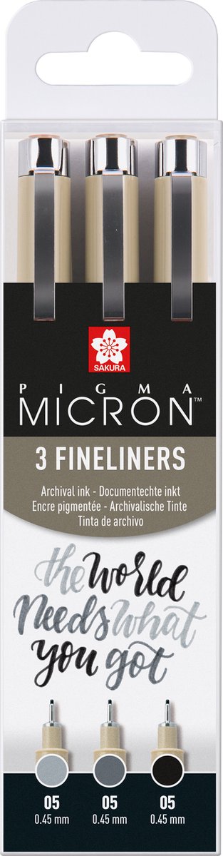 Sakura pigma micron 05 fineliner sæt, 3 kuglepenne, sort-grå