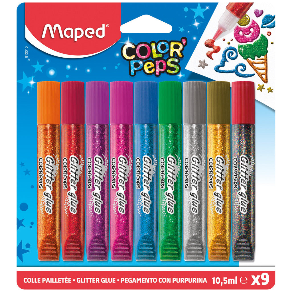 Maped farve peps glitter lim 9 farver 10,5 ml