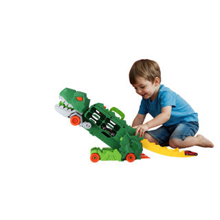 Ingen mærke kiddygo transporter dino legetøj med 2 diecast biler og racerbane.
