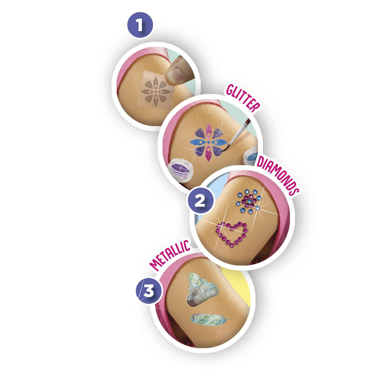 Ses creative - hobby pink - 3 i 1 glamour tatoveringer - piges håndværk - biologisk nedbrydeligt - fra 5 år