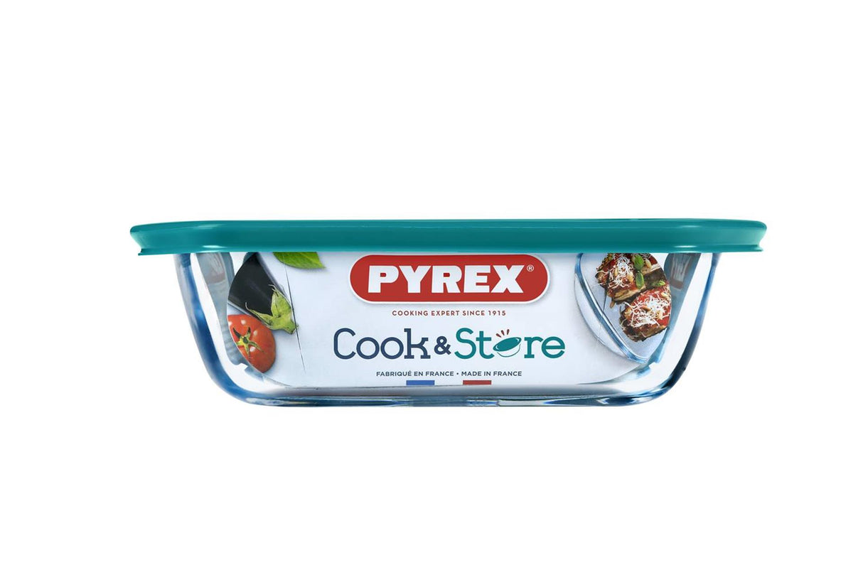 Pyrex kokkebutik rektangulært opbevaringsfad 20x20x8cm - 2500ml - borosilikatglas