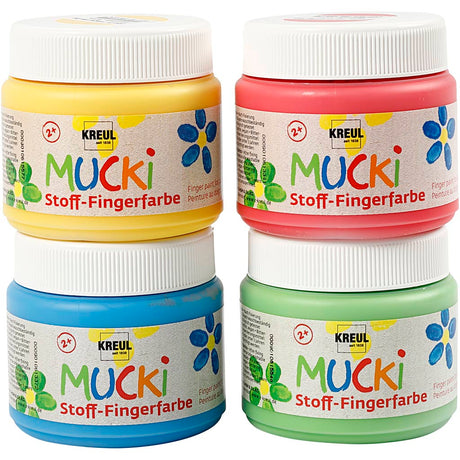 Mucki tekstilfingermaling - 4 x 150 ml fingermaling til tekstiler - farver gul, rød, blågrøn