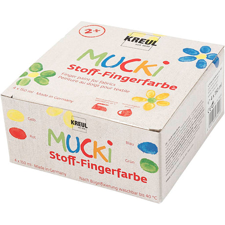 Mucki tekstilfingermaling - 4 x 150 ml fingermaling til tekstiler - farver gul, rød, blågrøn