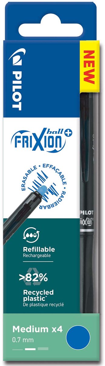 Pilot pung - sæt med 4 - frixion ball plus - sletbar rullepen - blå - medium spids