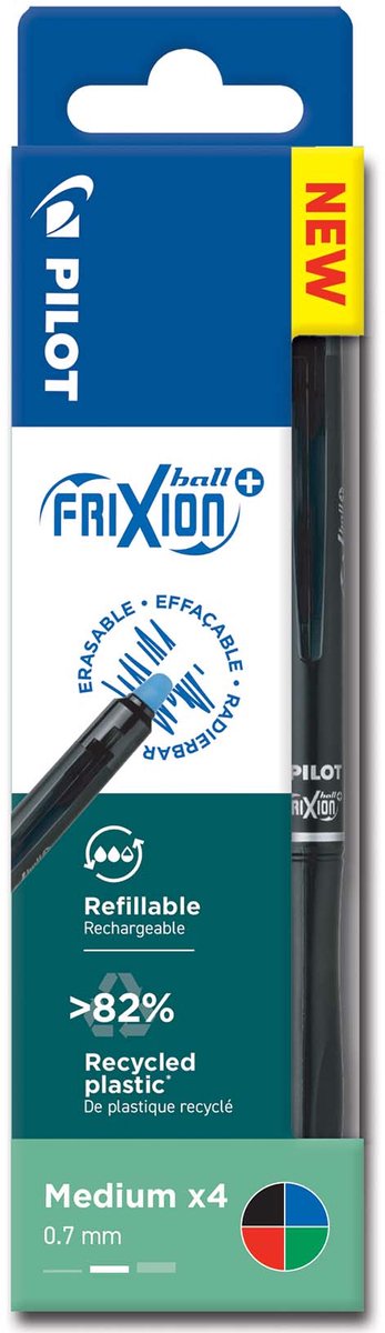 Pilot pung - sæt med 4 - frixion ball plus - sletbar rullepen - sort, blå, rød, grøn - medium spids