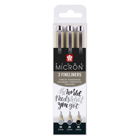 Sakura pigma micron 05 fineliner sæt, 3 kuglepenne, sort-grå