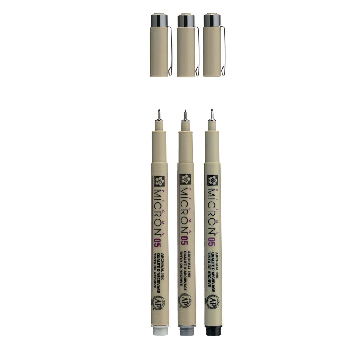 Sakura pigma micron 05 fineliner sæt, 3 kuglepenne, sort-grå