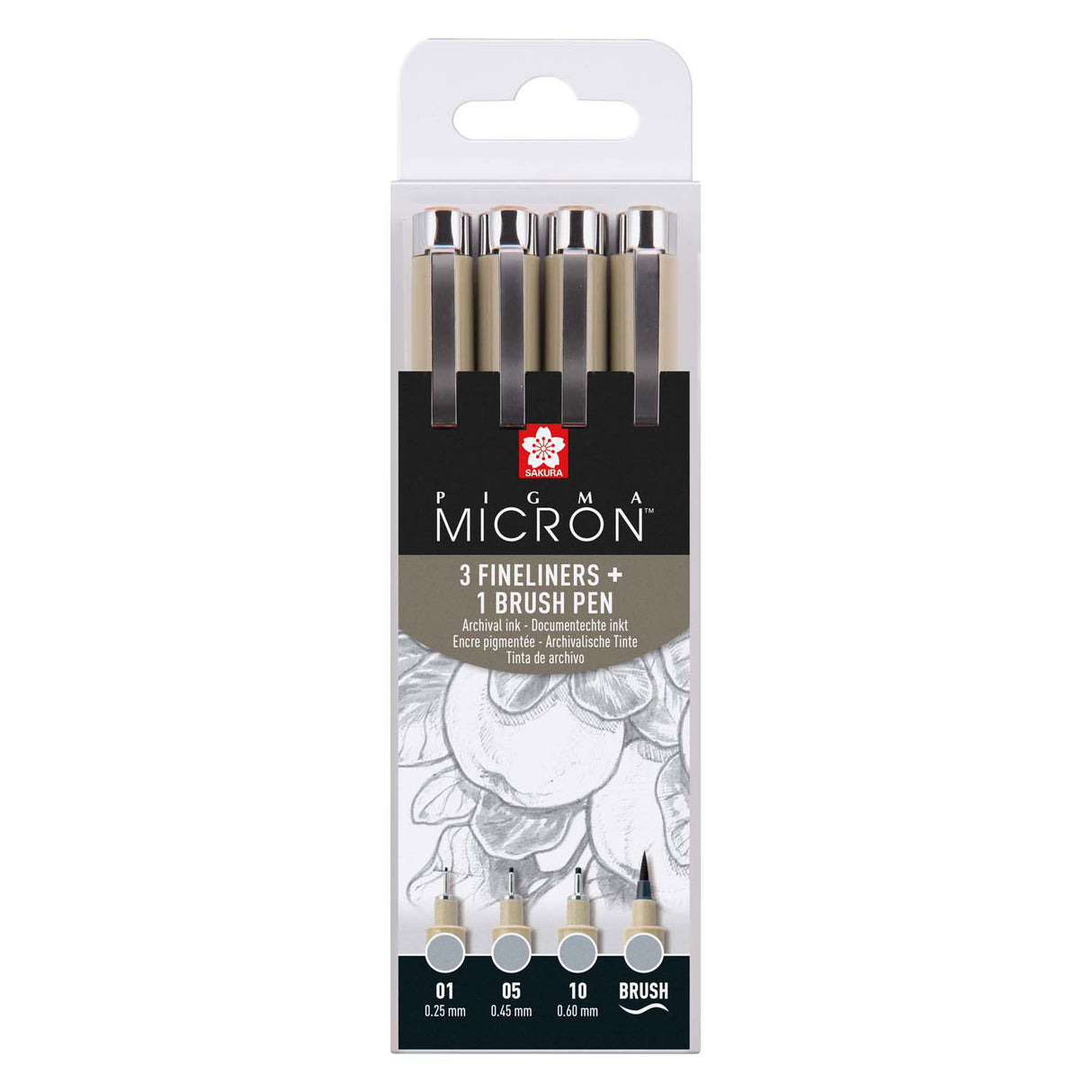 Sakura pigma micron fineliner sæt, 4 størrelser, lys kølig grå