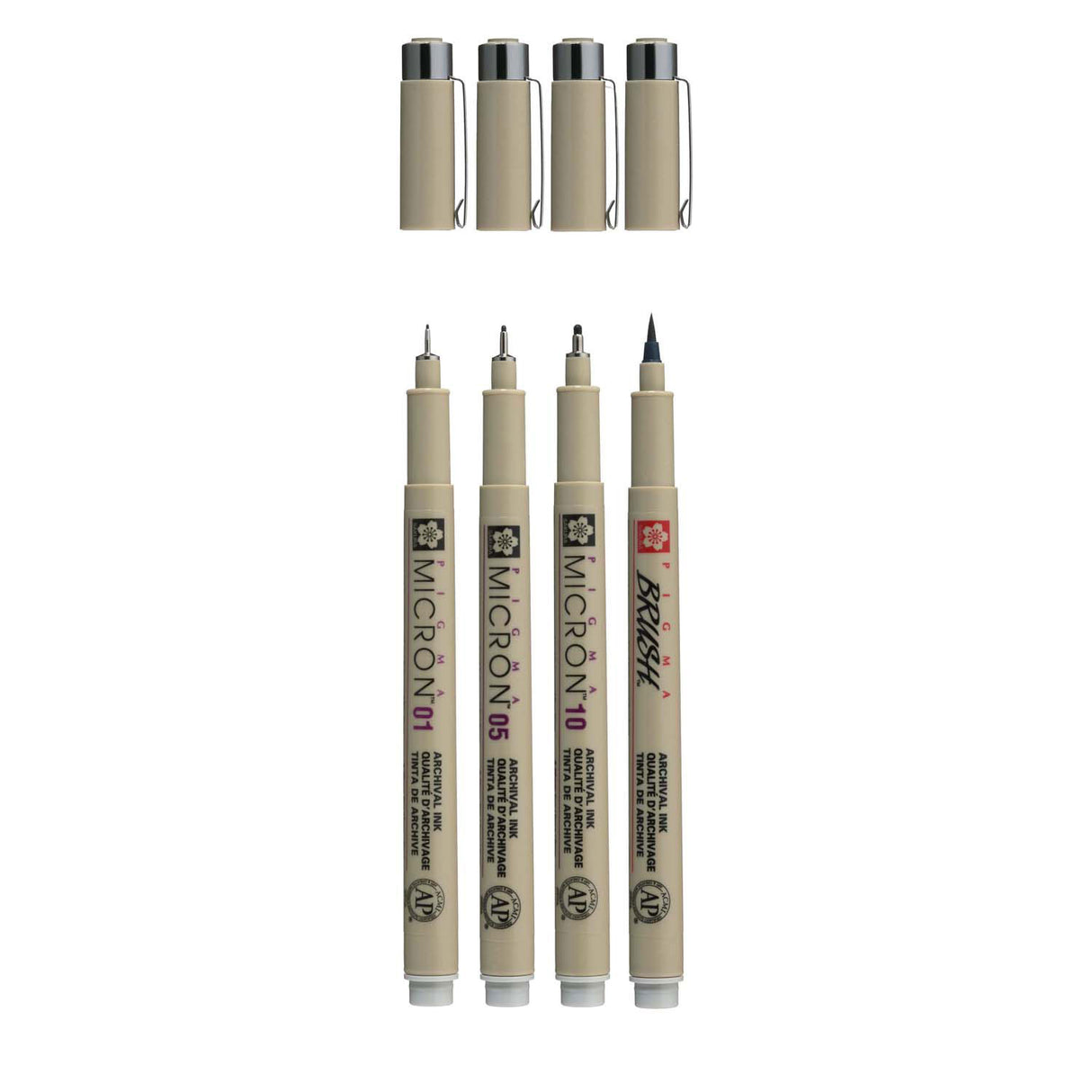 Sakura pigma micron fineliner sæt, 4 størrelser, lys kølig grå