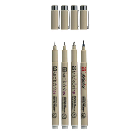 Sakura pigma micron fineliner sæt, 4 størrelser, lys kølig grå