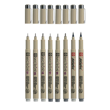 Sakura pigma micron fineliner sæt | 8 kuglepenne, lys kølig grå kølig grå