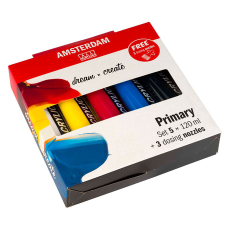 Amsterdam standard serie akrylmaling primære sæt | 5 x 120 ml + 3 doseringstude