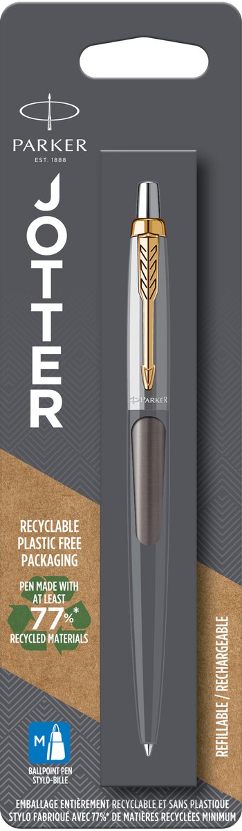 Parker Jotter kuglepen | grå maling med gulddetaljer | mellempunkt | blåt blæk