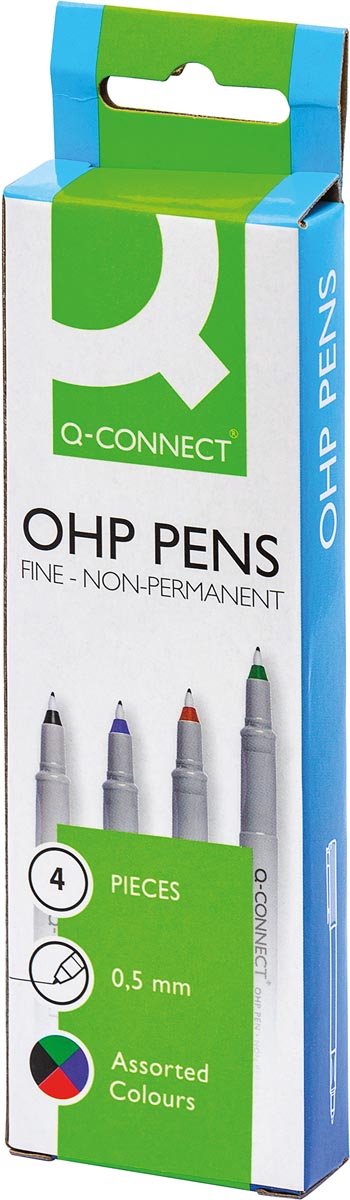 Q-connect ohp markør, ikke permanent, fin, sæt med 4 stk i assorterede farver