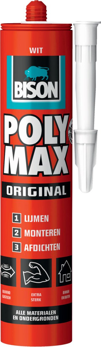 Bison poly max originalt hvidt rør 425g, monteringslim, limning, montering og tætning, unik SMP teknologi, opløsningsmiddelfri, indendørs og udendørs, næsten alle overflader