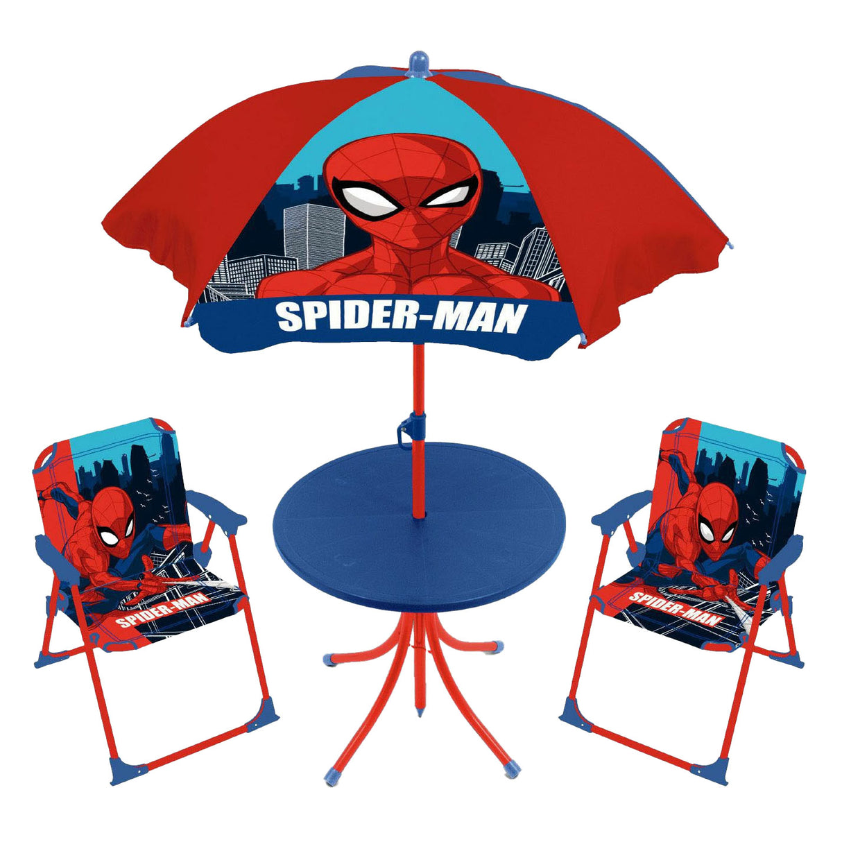 Marvel Lobes Spiderman børnehavesæt med bord, stole og parasol.
