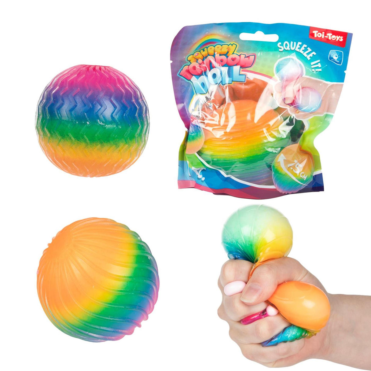 Toi-legetøj toi-legetøj sjovt tekstureret squeeze-bold regnbue-ribbskum 7 cm
