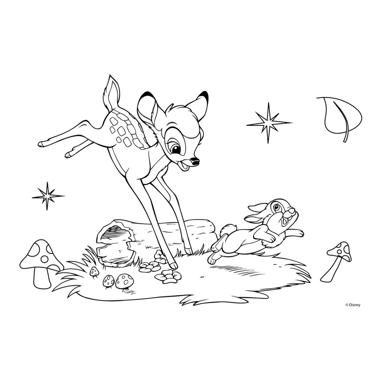 Disney bambi farvelægningssider med stencil og klistermærkeark