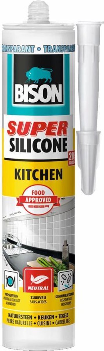 Bison super silikone køkken gennemsigtig rør 300 ml, silikone fugemasse, køkken, fuger, hygiejnisk, slidstærk og temperaturbestandig fra -50°c til +120°c