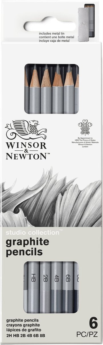 Winsor Newton 0490006 Grafitblyanter Sæt x6 Studio Collection – Skitseblyanter Tegneblyanter 2H-8B i metalblik