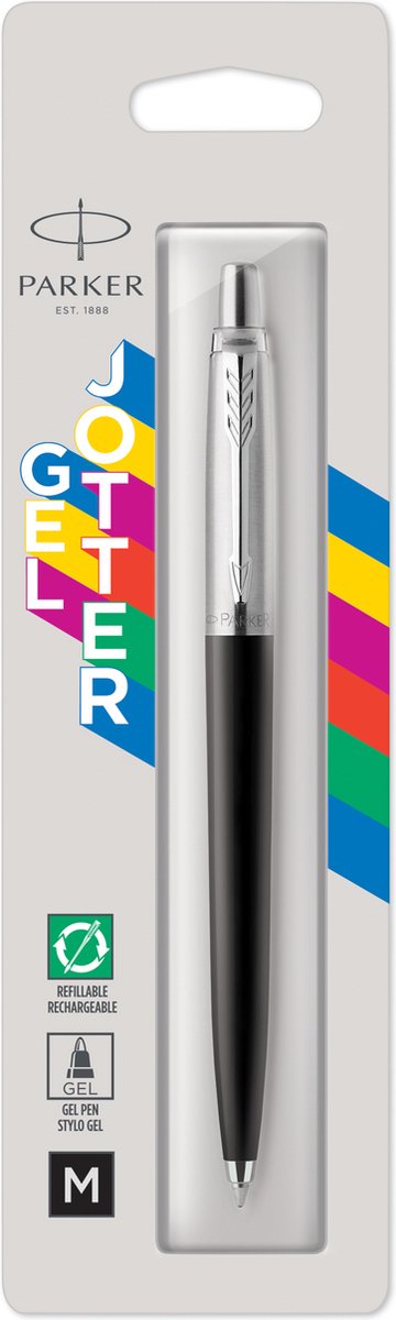 Parker Jotter Gel Pen | rustfrit stål og sort | medium spids med sort blæk (0,7 mm)