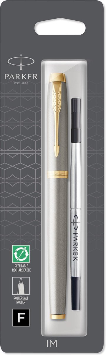 Parker im rullekuglepen | børstet metal med guldfinish | fin nib | sort blæk